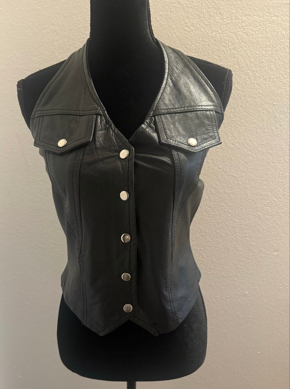 Vintage Y2K Black Real Leather Halter Biker Babe Vest Top Women’s Medium